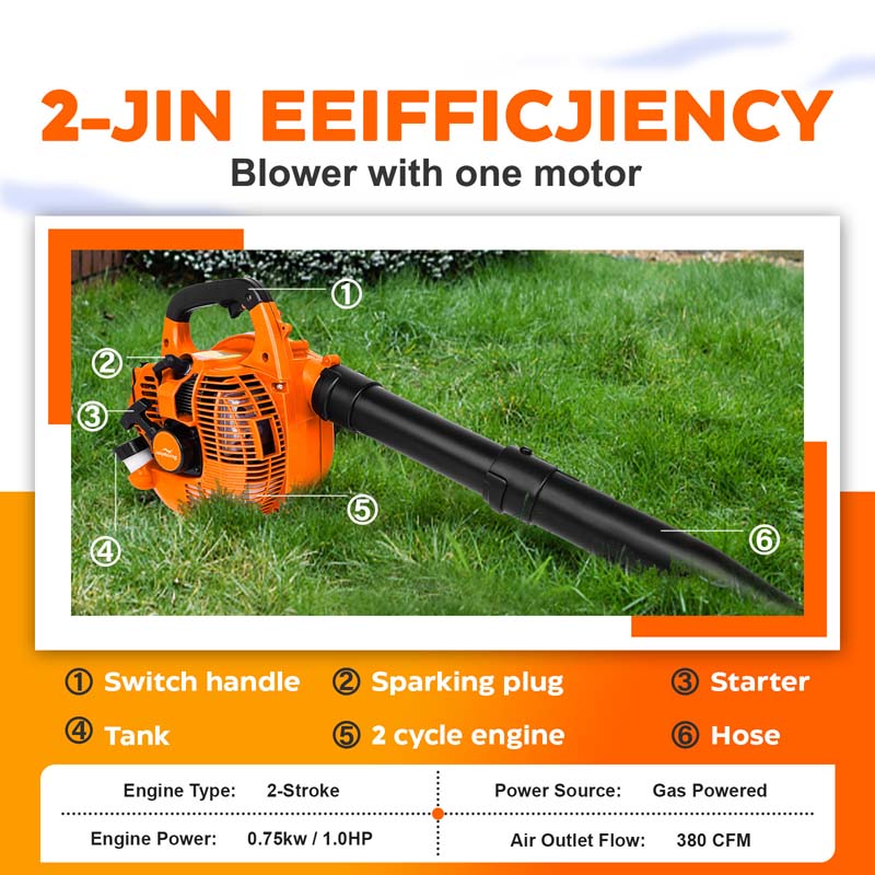 26CC 2-Stroke 380CFM 180MPH Gas-Powered Handheld Leaf Blower