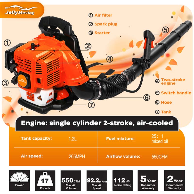 52CC 2-Stroke 550CFM 205MPH Gas-Powered Backpack Leaf Blower