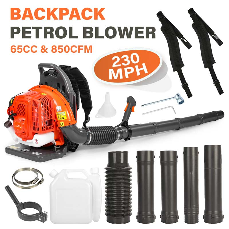 65CC 2-Stroke 850CFM 230MPH Gas-Powered Backpack Leaf Blower (Orange)