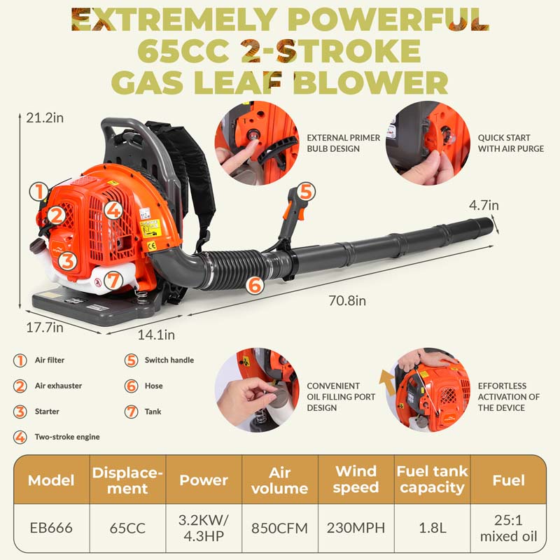 65CC 2-Stroke 850CFM 230MPH Gas-Powered Backpack Leaf Blower (Orange)