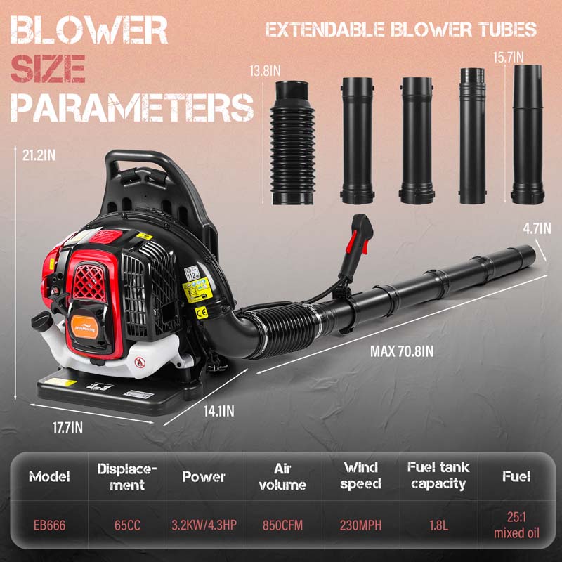 65CC 2-Stroke 850CFM 230MPH Gas-Powered Backpack Leaf Blower (Black)