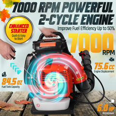 75.6CC 2-Stroke 912 CFM 206 MPH 49N Backpack Leaf Blower Gas Powered with Commercial-Grade 2-Stage Air Filter