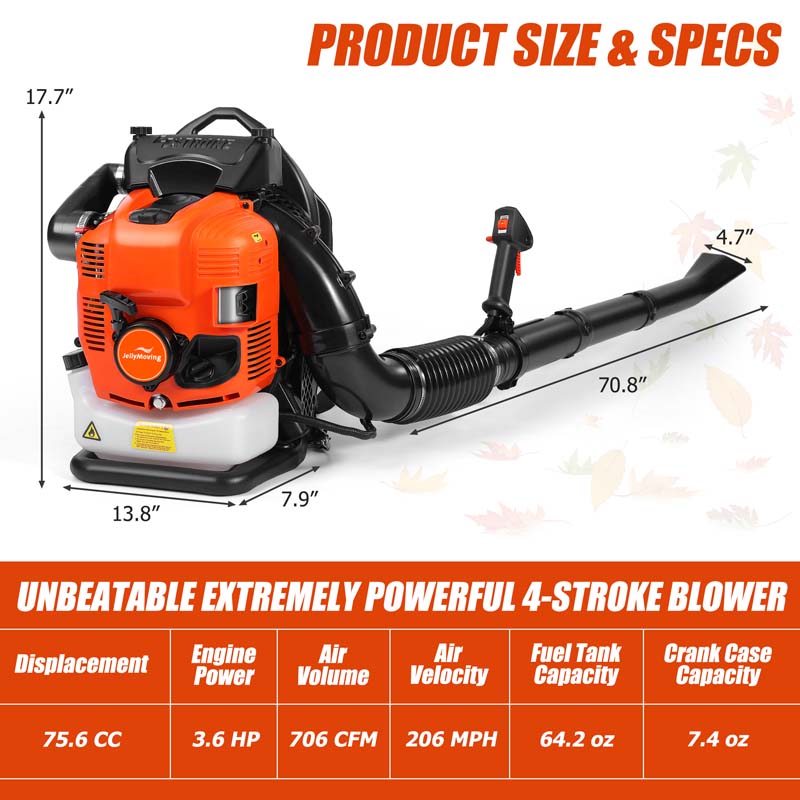 75.6CC 4-Stroke 706CFM 206MPH Gas-Powered Backpack Leaf Blower