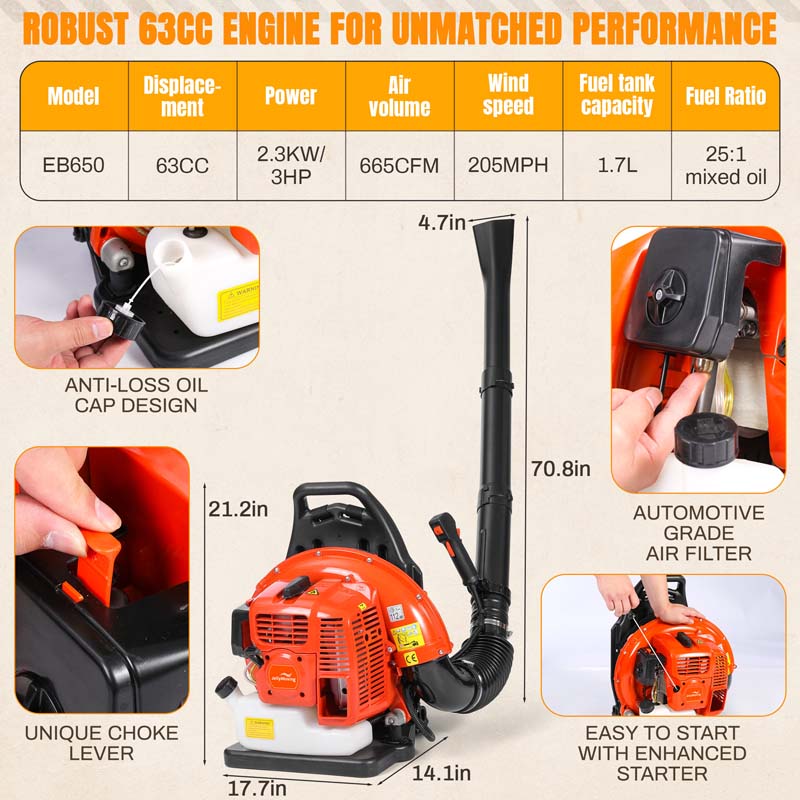 Upgraded 63CC 2-Stroke 665CFM 205MPH Gas-Powered Backpack Leaf Blower