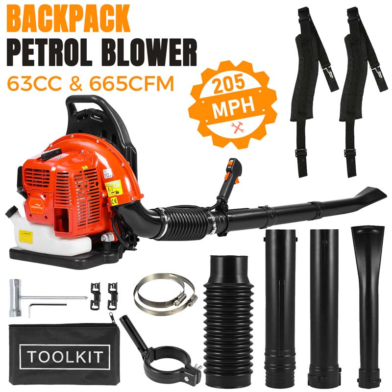 Upgraded 63CC 2-Stroke 665CFM 205MPH Gas-Powered Backpack Leaf Blower