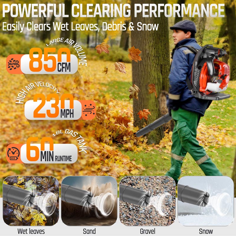Upgraded 65CC 2-Stroke 850CFM 230MPH Gas Backpack Leaf Blower | JellyMoving