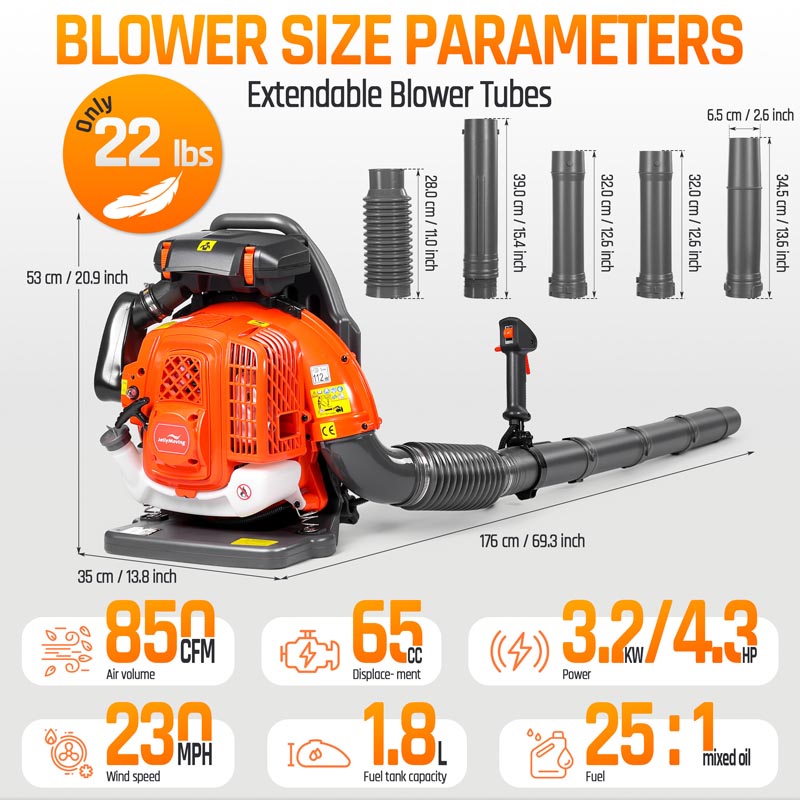 Upgraded 65CC 2-Stroke 850CFM 230MPH Gas Backpack Leaf Blower | JellyMoving
